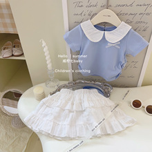 女童娃娃领短袖t恤2024新款洋气宝宝衣服夏装蛋糕裙半身裙两件套