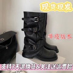 牛皮版本内增高皮带扣辣妹裤管靴圆头中筒西部骑士长靴堆堆短靴女