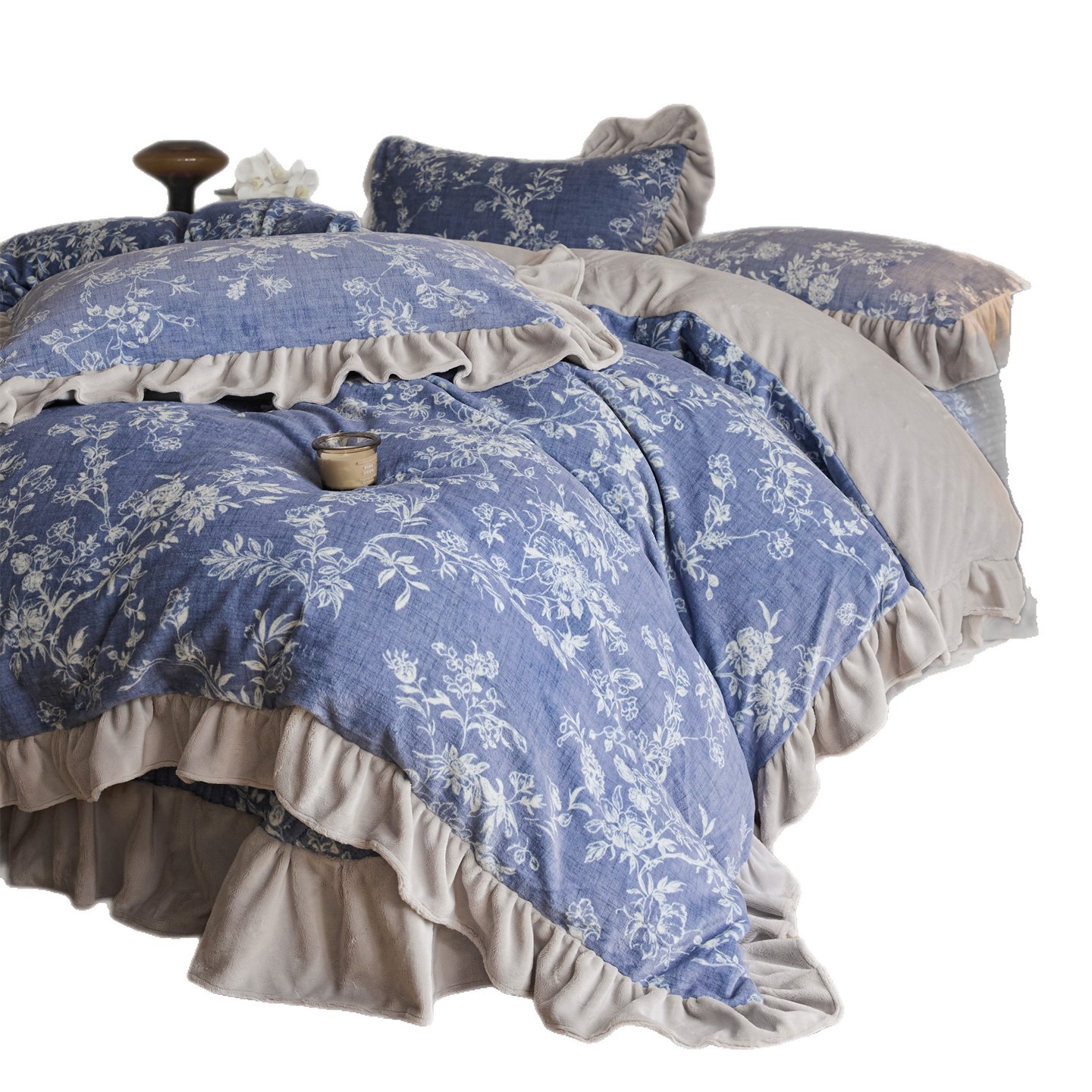 Set copriletto in pizzo e pile stile nordico francese vintage boho coreano, composto da quattro pezzi, copripiumino in velluto di latte floreale vintage francese, letto imbottito_voghion.com
