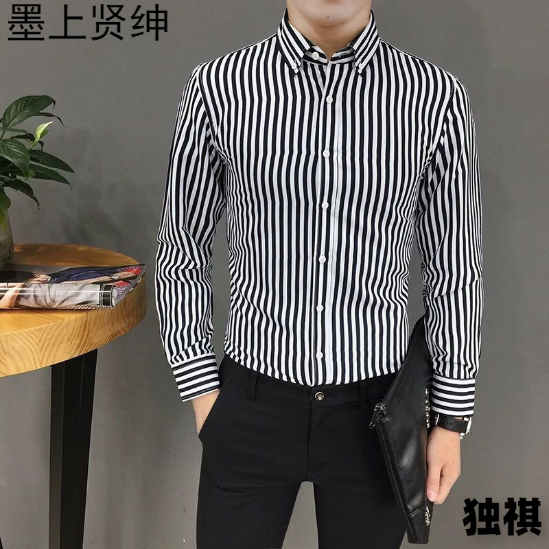 Camisas de manga larga para hombres Ropa de moda coreana para hombres guapos Tops de otoño para hombres de marca de moda Camisa larga a rayas casual