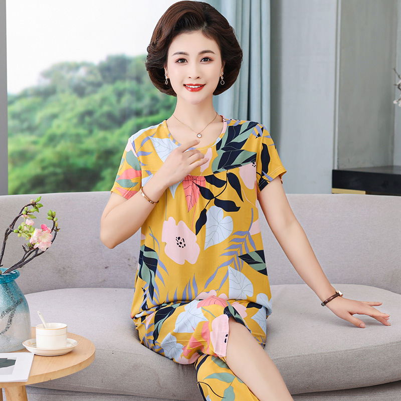 Pajamas Women's Summer Mother Cotton Silk Pajamas Suit Middle-aged and Elderly Short-sleeved Home Clothes Large Size Pajamas for Elderly