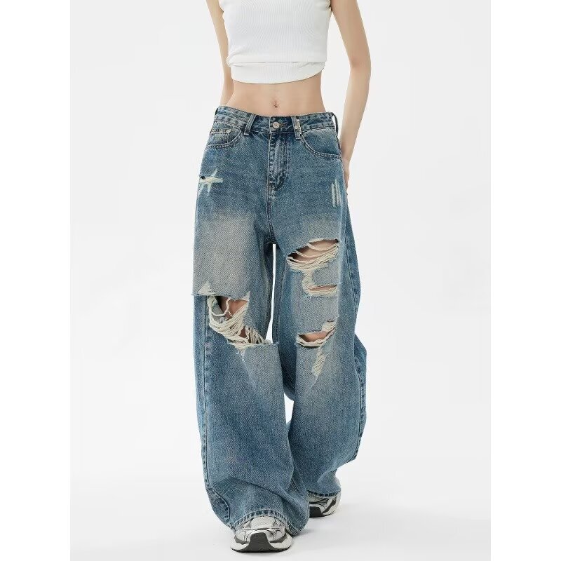 American Retro Ripped Jeans for Women, Plus Size, Summer Thin Style, Loose Wide-Leg Straight Pants, Washed Version, Good Fit American Retro Ripped Jeans for Women, Plus Size, Summer Thin Style, Loose Wide-Leg Straight Pants, Washed Version, Good Fit