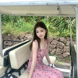海边度假粉色碎花吊带连衣裙女2024夏季新款修身气质绝美无袖长裙