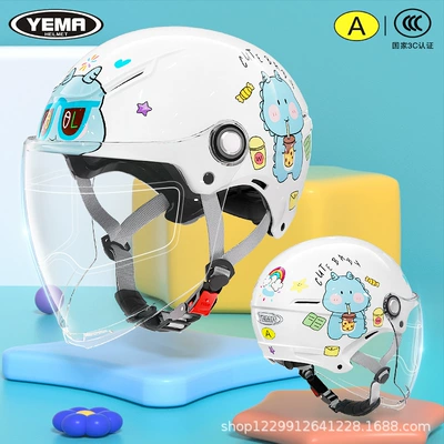 Helmet for Girls, All-Season Model: Motosiklet kaskı (dəbilqə) - summer-style-ceramic-white-milk-tea-little-dinosaur-transparent-long-mirror-anti-fog-patch