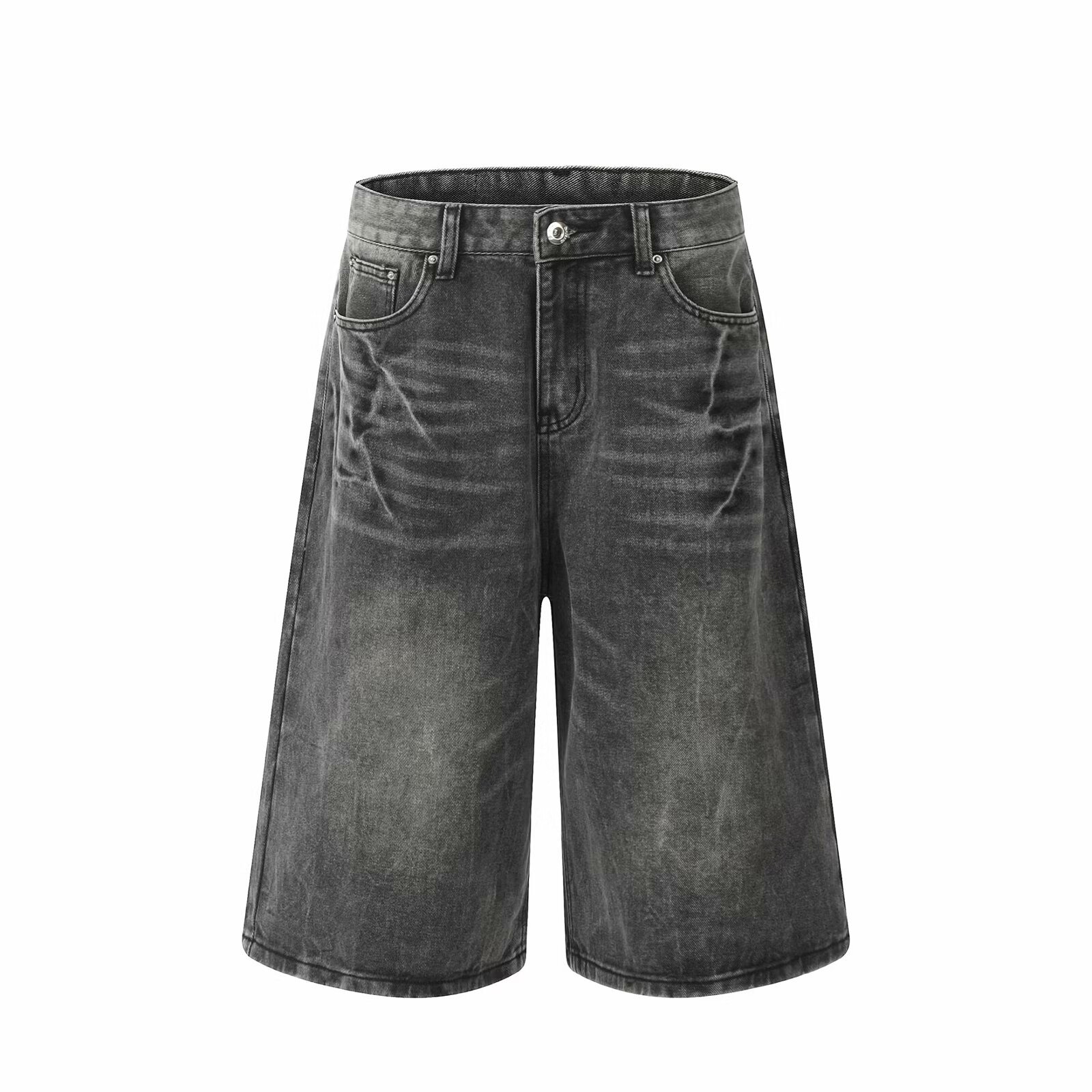Unisex Retro Washed Distressed Cropped Denim Shorts High Street Style Wide Leg Mid-Length Pants Loose Fitting_viptrois.com