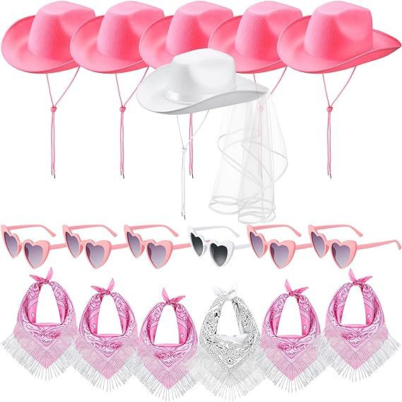 Amazon Bachelorette Party Bride Cowboy Hat Veil Set Pink Disco Cowboy Hat Bride Set