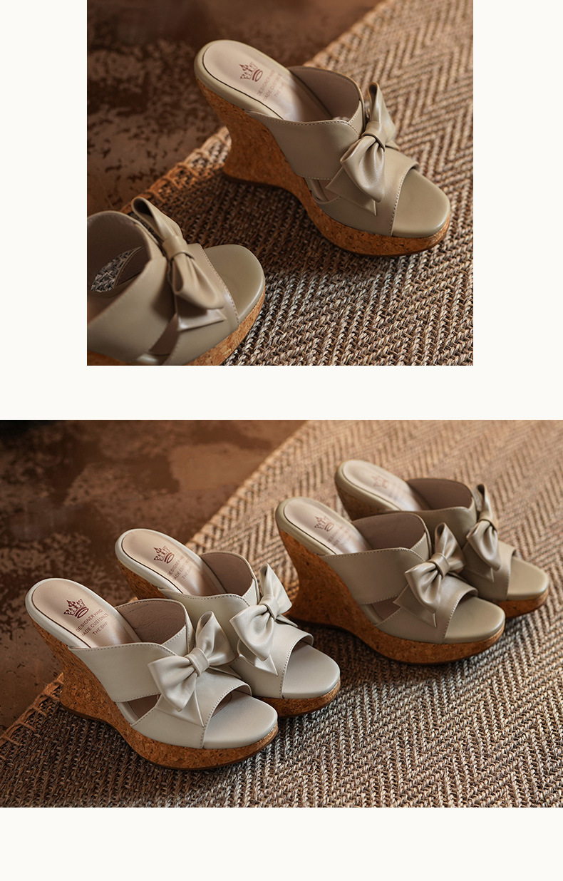 Sandal cao gót nữ hở mũi phong cách cổ điển nơ bướm đế xuồng — màu trắng ngà, màu mơ chi tiết 6