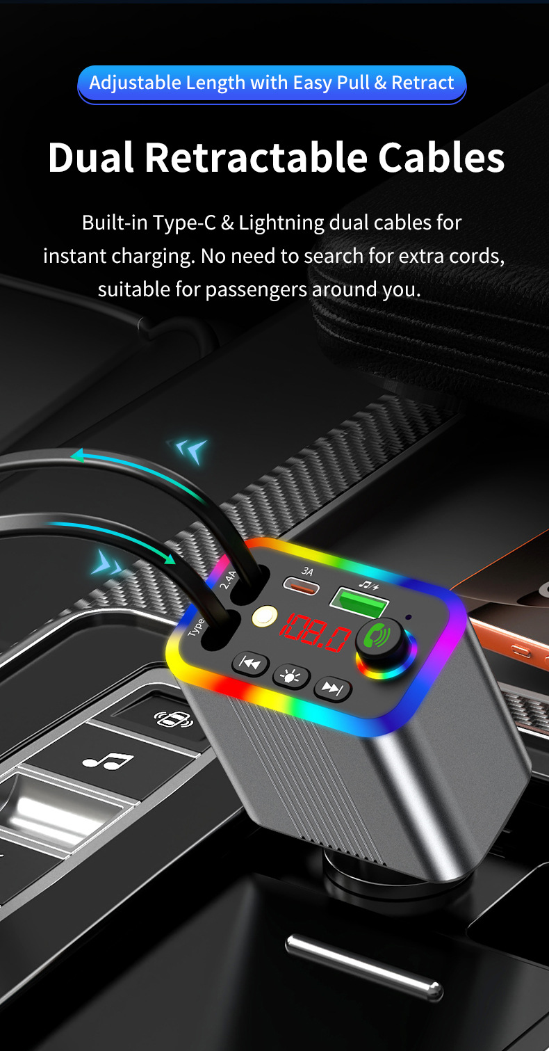 R4R6 Car Bluetooth MP3 Player comes with a retractable cable and supports fast charging for mobile phones, 2026 new model, foreign trade supply