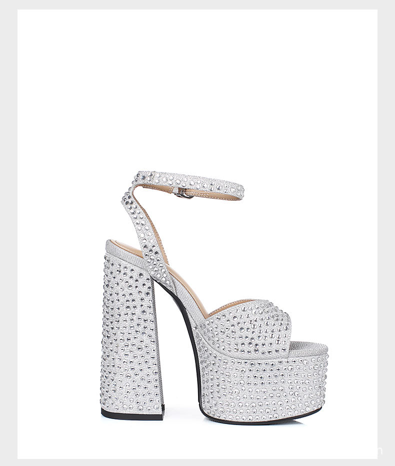 Sandal nữ siêu cao gót da thật đế dày chống trượt đính đá rhinestone gót 15 cm — Rượu sâm banh chi tiết 14