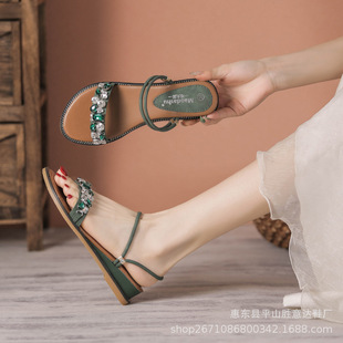 Mori-style Slip-on Sandals with Rhinestones One-step Slip-on Sandals with Wedge Heel Casual Open Toe Two-way Low Heel Slippers