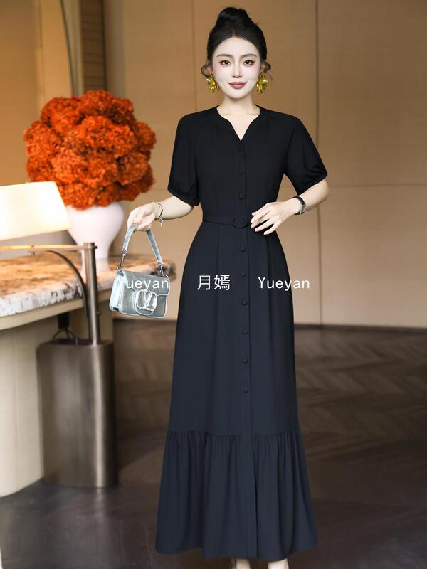 Black Elegant Short-Sleeved Dress with Belt, Waist-Cinching Collar, Collarbone-Exposing Long Skirt for Summer