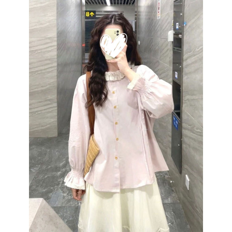 学院风文艺气息花边圆领粉色长袖衬衫女新款宽松|undefined