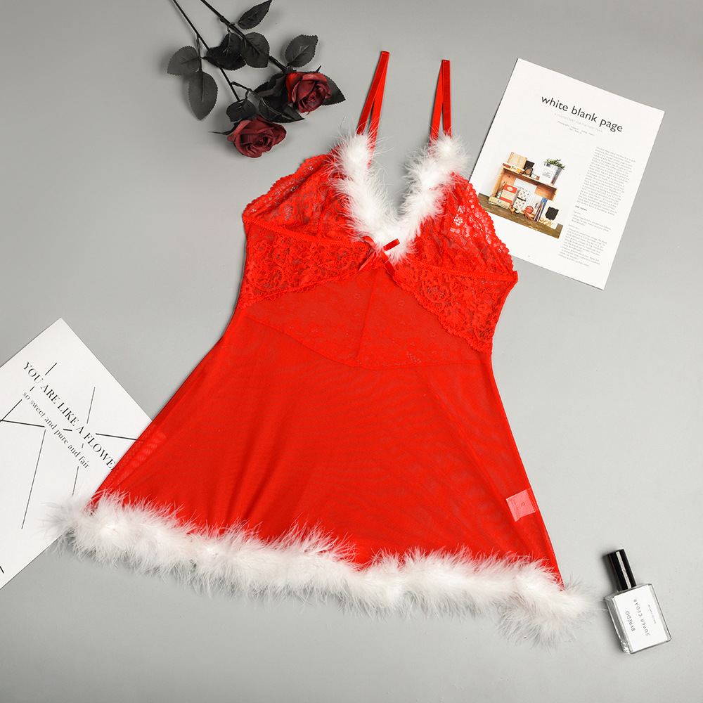 Christmas New Year Women Clothing  Furry Bow Stitching Mesh T-Back Women Skirt Suit in Sexy Lingerie