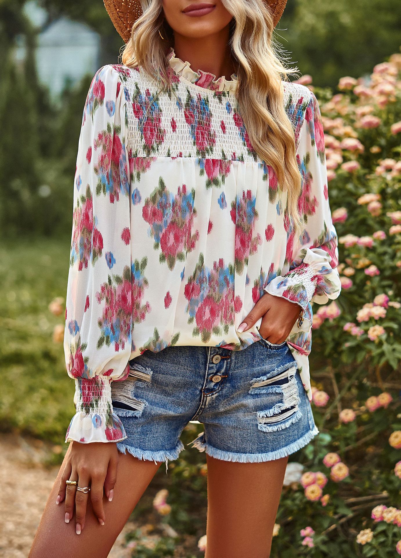 Pullovers Placket Type Bishop Sleeve Sleeve Type Polyester Fabric Type Women's Blouse Long Sleeve Blouses Printing Casual Flower