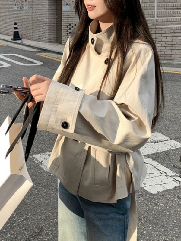 外卖到了【7/5首尔假日】早秋韩系风衣外套女短英伦风立领腰|undefined