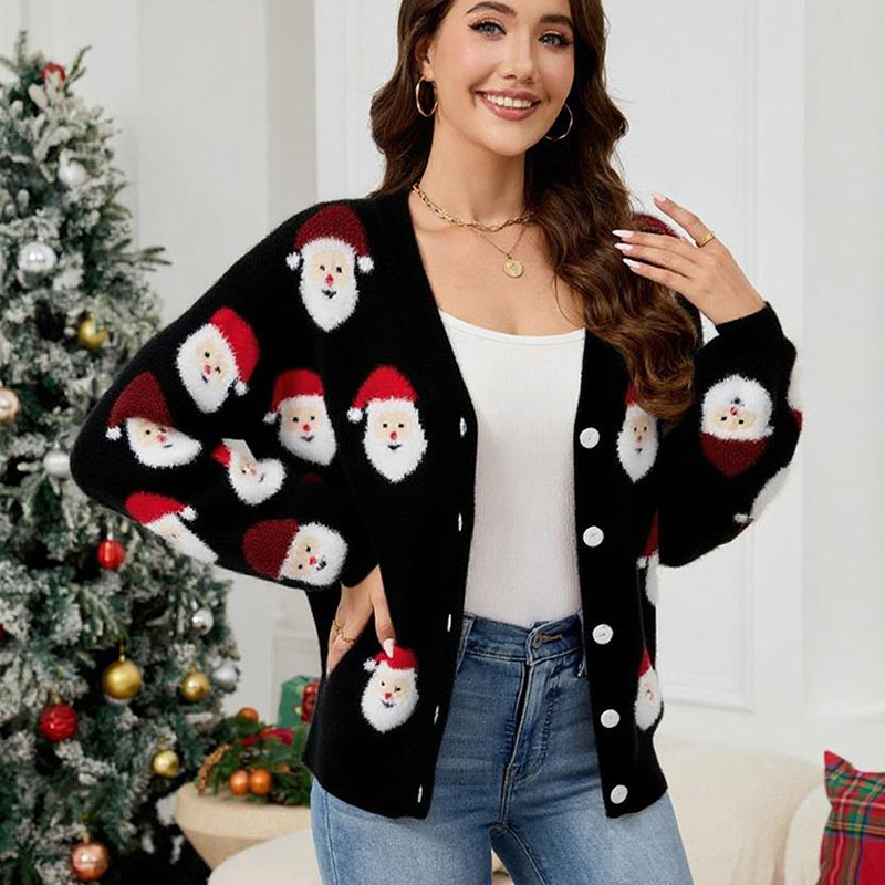 Damenbekleidung Festlicher Weihnachtsmann-Jacquard-Cardigan für Damen – Gemütlicher Weihnachtspullover mit 3D-Stickerei, V-Ausschnitt und langen Ärmeln_voghion.com