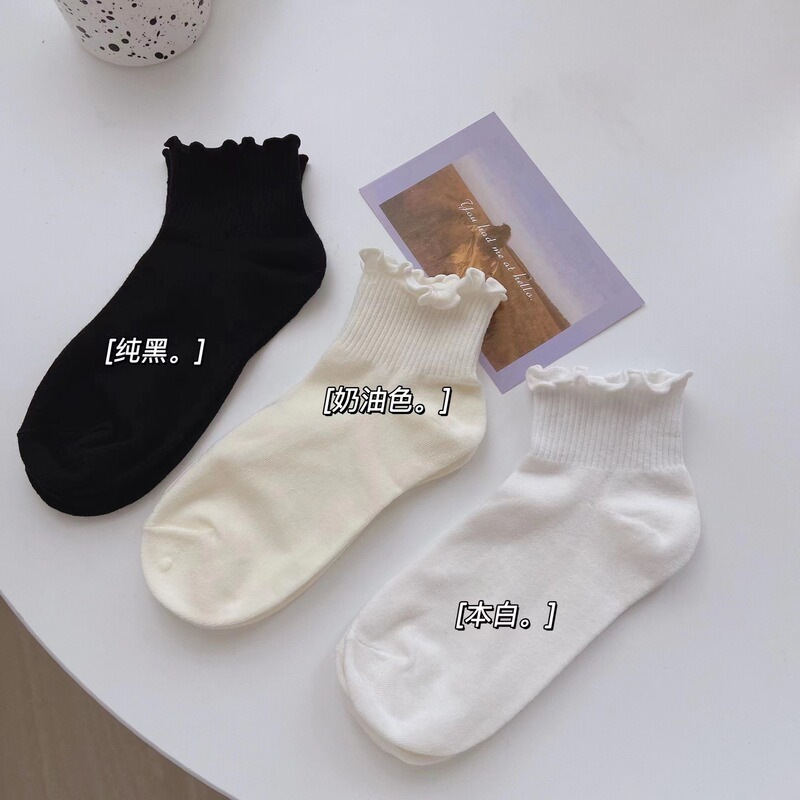 Ear-edged White Socks Women's Summer Mid-barrel Japanese Pure Cotton Sweat-absorbent Thin Mid-length jk Socks Lace Stacked Socks