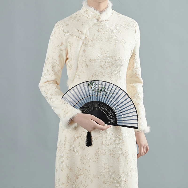 新中式2022秋冬季新款国风复古女装立领水貂毛羊绒改良奥戴旗袍裙