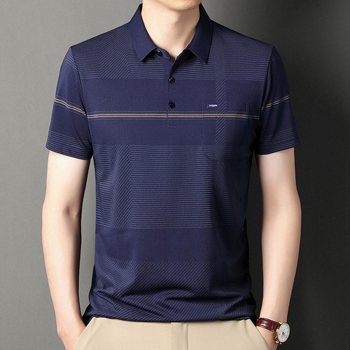 Father's Day Ice Silk T-Shirt Men Short Sleeve Striped True Pocket Polo Collar Loose Middle-Aged Dad Set Summer Wear