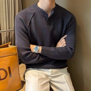 Factory wholesale autumn and winter solid color casual sweater men's pullover jacquard pinstripe slim base sweater