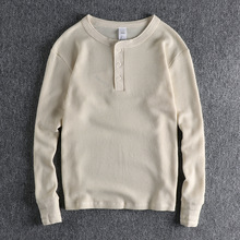 260g重磅螺纹袖口针织华夫格t恤男长袖阿美咔叽复古亨利领体恤衫