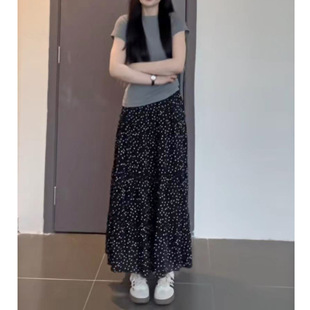 黑色波點半身裙女夏百搭蓬蓬蛋糕裙高腰顯瘦垂感休閑字中長裙子