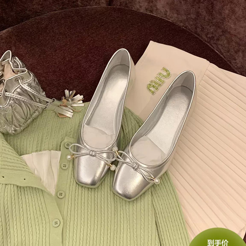 Madre uva Frida niña ~ Clásico arco de cabeza redonda boca baja exquisito ballet de perlas zapatos planos mujer