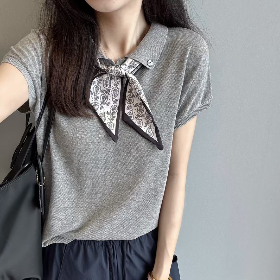 气质M系!配丝巾POLO领凉爽显瘦上衣天丝亚麻针织短袖T恤女S5023L