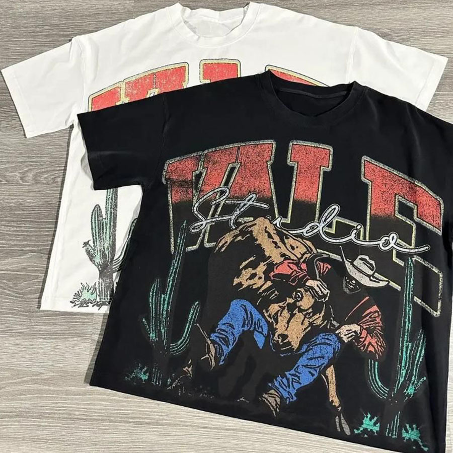 Verano estilo americano retro impresión oscura lavado con agua hace viejos bloques sueltos oversize hip hop skate camiseta de manga corta
