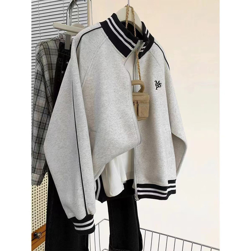 Cross-border American Baseball Suit Jacket Women's Colored Stripe Collar Loose College Style Casual Sports Sweater Jacket Trendy