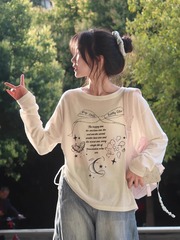 法式蝴蝶结印花防晒罩衫长袖T恤女秋季薄款百搭宽松显瘦减龄上衣