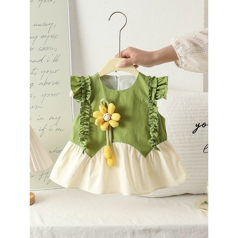 Vestido de algodón con mangas voladoras con costuras de flores para bebés y niños pequeños, vestido de princesa con chaleco con orejas de madera para bebés de nuevo estilo de verano
