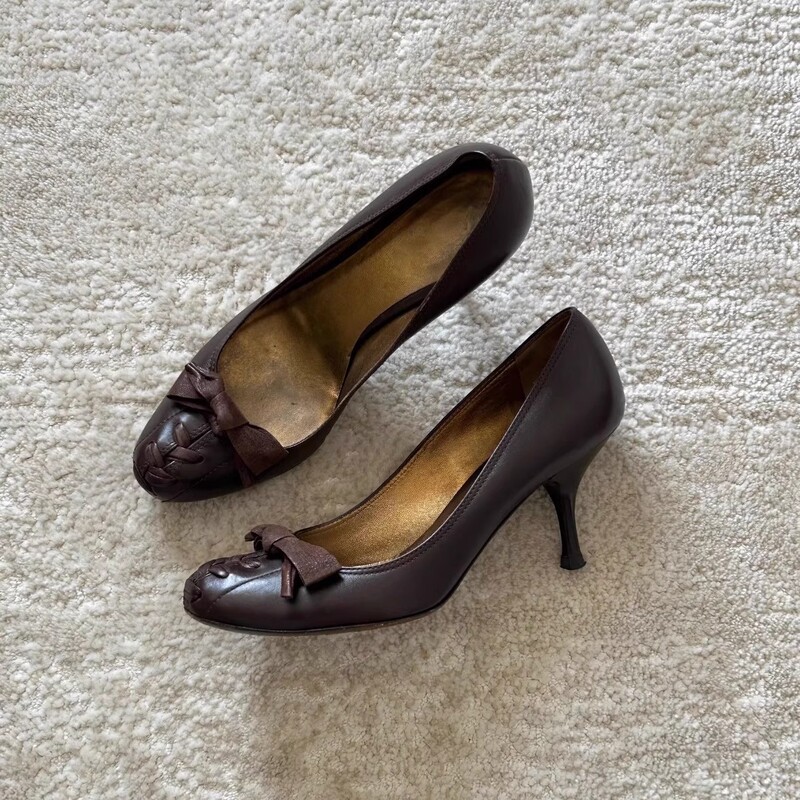 Super Soft Cowhide Bow High Heels 2025 Spring Thick Low Heel Round Toe Genuine Leather Shallow Mouth Commuter Soft Sole Shoes for Women