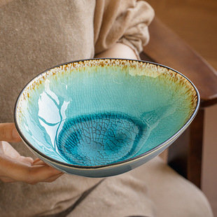 Ice Cracked Glaze Ceramic Bowl Special-Shaped 8inch Water Drop Bowl Restaurant Special Salad Bowl Ceramic Dish Bowl Cross-Border Export