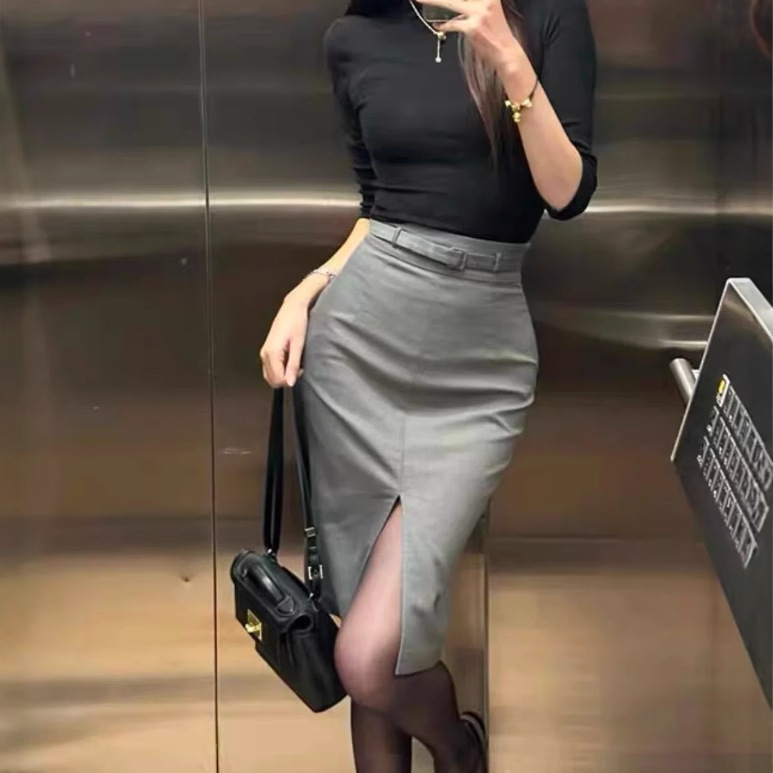 Yujie High Waist Slimming Front Split Suit Skirt Women's Autumn and Winter Grey Mid-Length Skirt with Belt Yujie High Waist Slimming Front Split Suit Skirt Women's Autumn and Winter Grey Mid-Length Skirt with Belt
