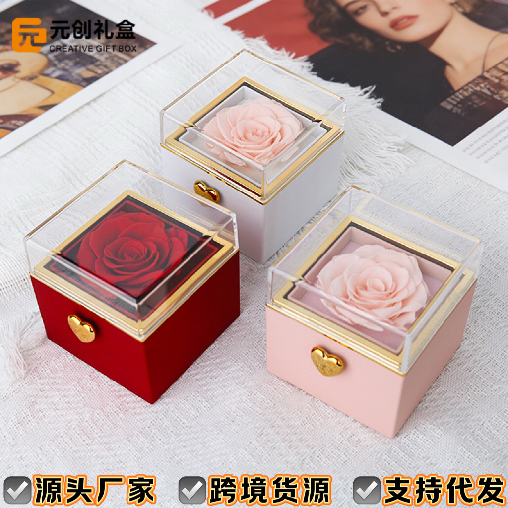 Nuevos productos transfronterizos caja de regalo de San Valentín rosa caja de rebote acrílico caja de anillo de alta calidad caja de joyería antioxidante