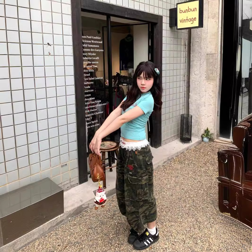 플러스 사이즈 레트로 미국 위장 크레인 청바지 여자 통통녀 캐주얼 루즈 올매치 하이 허리 자른 와이드 레그 바지