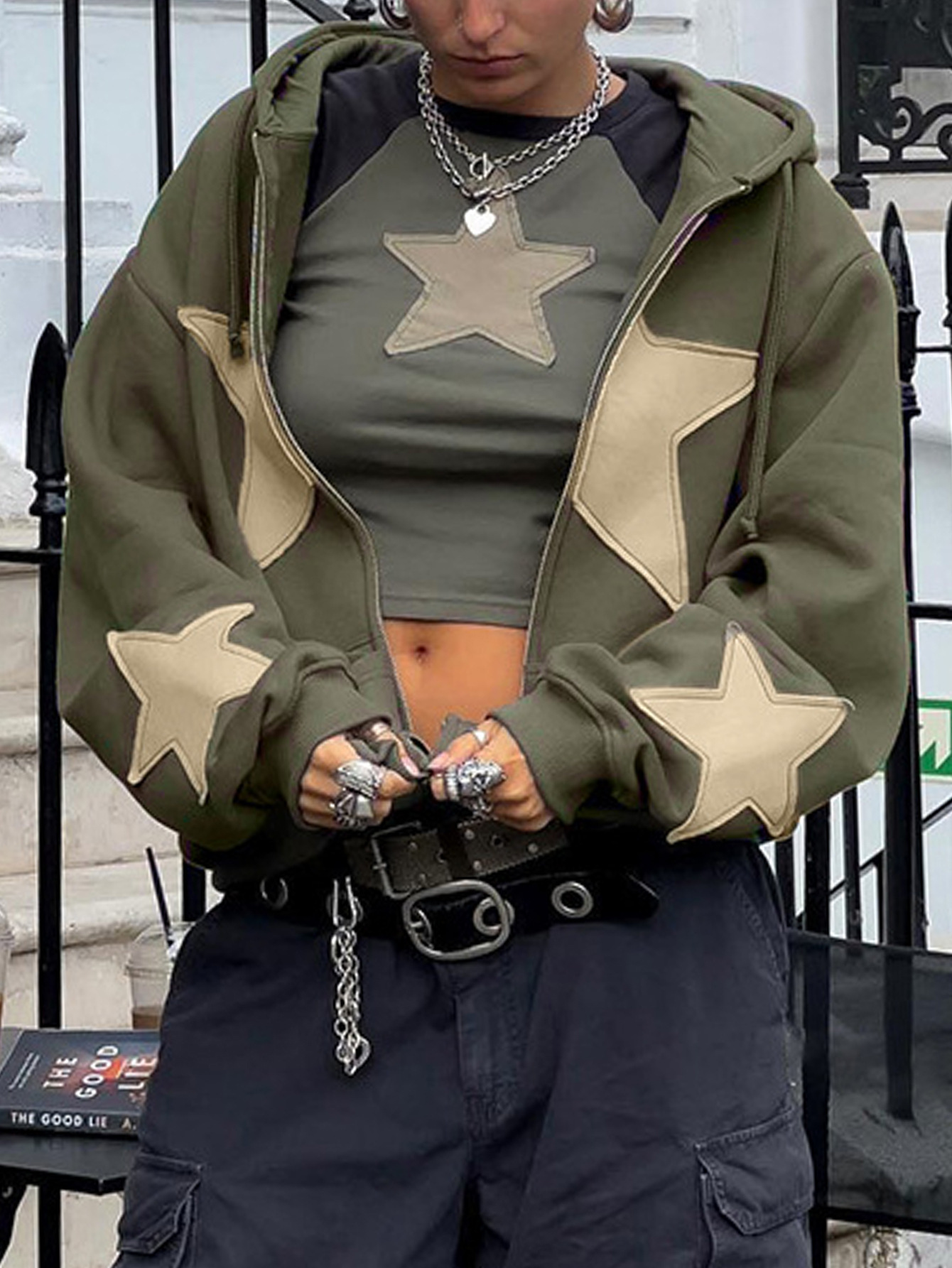 Vêtements pour femmes, style urbain, mode, veste David oversize à capuche et poches zippées, patchwork cinq étoiles, automne/hiver, vêtements d'extérieur décontractés_voghion.com