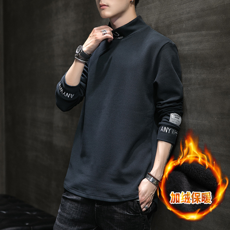 가을과 겨울 긴팔 티셔츠 남성 캐주얼 보온 트렌디 한 자수 벨벳 기모 두꺼운 하프 칼라 티셔츠 남성 탑