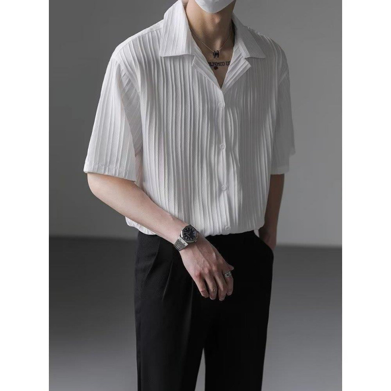 Light Luxury High-end Draped Fashion Brand Ice Silk Cuban Collar Shirt Men's Summer Short-sleeved Loose French White Casual Shirt