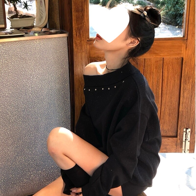 美式辣妹黑色两穿斜肩长袖卫衣女秋季新款设计感宽松显瘦露肩上衣|undefined