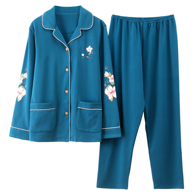 Pijamas de algodón puro primavera y otoño de las mujeres de manga larga más el tamaño cardigan traje de las madres de mediana edad y ancianos ropa de casa al aire libre