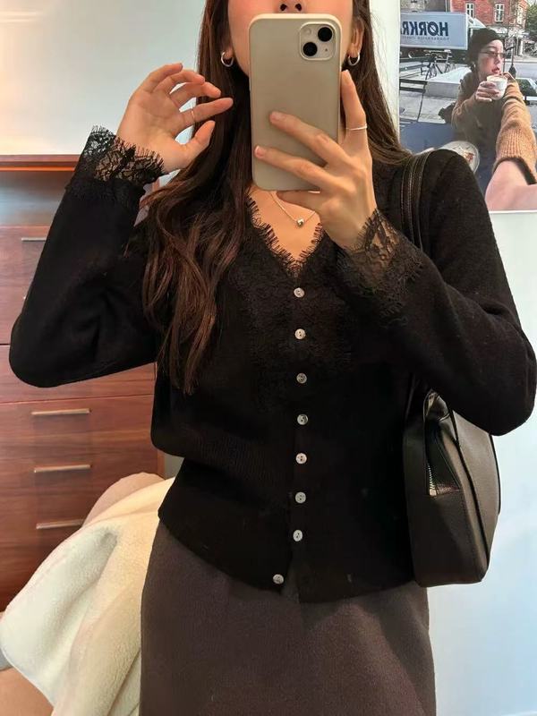 法式蕾丝毛衣女秋冬2025新款时尚气质设计感长袖针织衫打底衫上衣|undefined