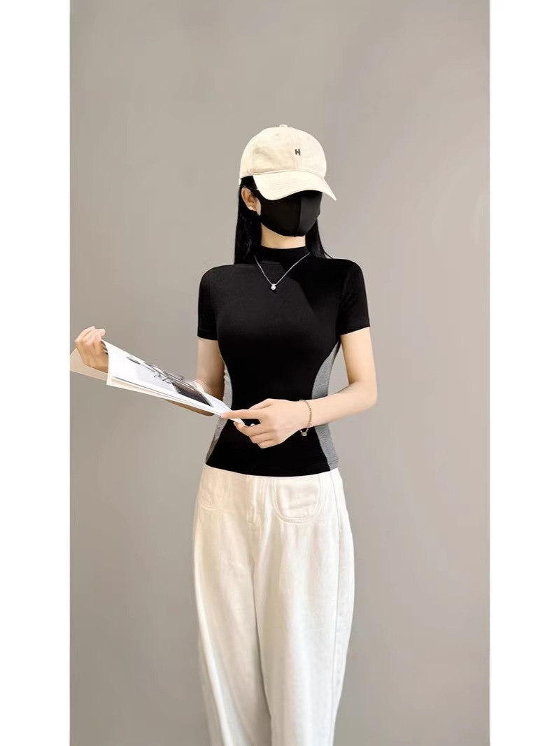 New Style Ribbed Color-Block Short-Sleeve T-Shirt for Women, Versatile for Spring and Summer, Slim-Fit Waist-Cinching Base Shirt, Regular Shoulder Base Top
