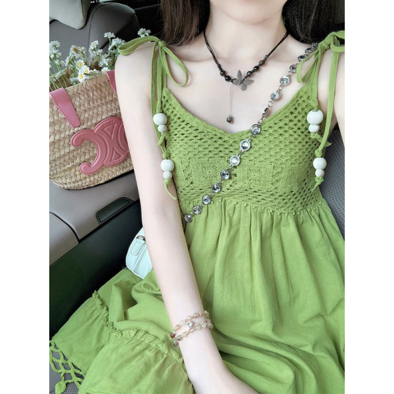 森系清新绿色流苏吊带连衣裙夏季新款波西米亚风设计感度假裙子女|undefined