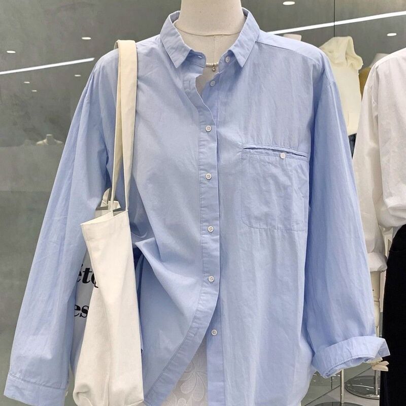 春秋简约风属性纯色宽松长袖衬衫女韩版小翻领休闲百搭衬衣外套|undefined