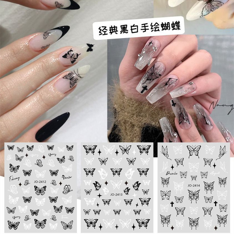 Black and White Hollow Butterfly Manicure Sticker Internet Popular Classic Simple White Waterproof Self-adhesive Nail Decoration