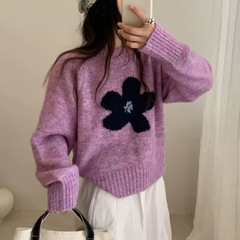 韩系减龄花朵提花套头毛衣女秋冬新款宽松温柔气质显瘦针织衫上衣