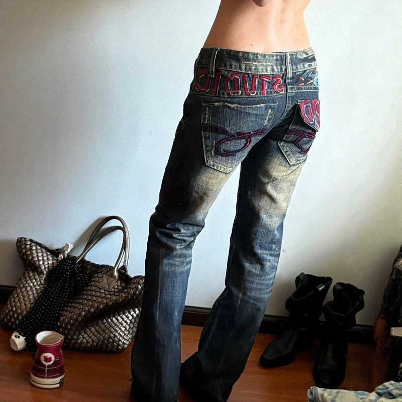 American Retro Subculture Distressed Low-Waist Jeans for Women, High Street Style, Designer Heavy Embroidery Flared Pants American Retro Subculture Distressed Low-Waist Jeans for Women, High Street Style, Designer Heavy Embroidery Flared Pants