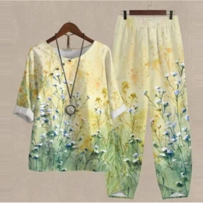 Europa y Estados Unidos trajes casuales de mujer transfronterizos de moda explosiva verano nuevo cinco mangas impresión chaqueta pantalones dos piezas